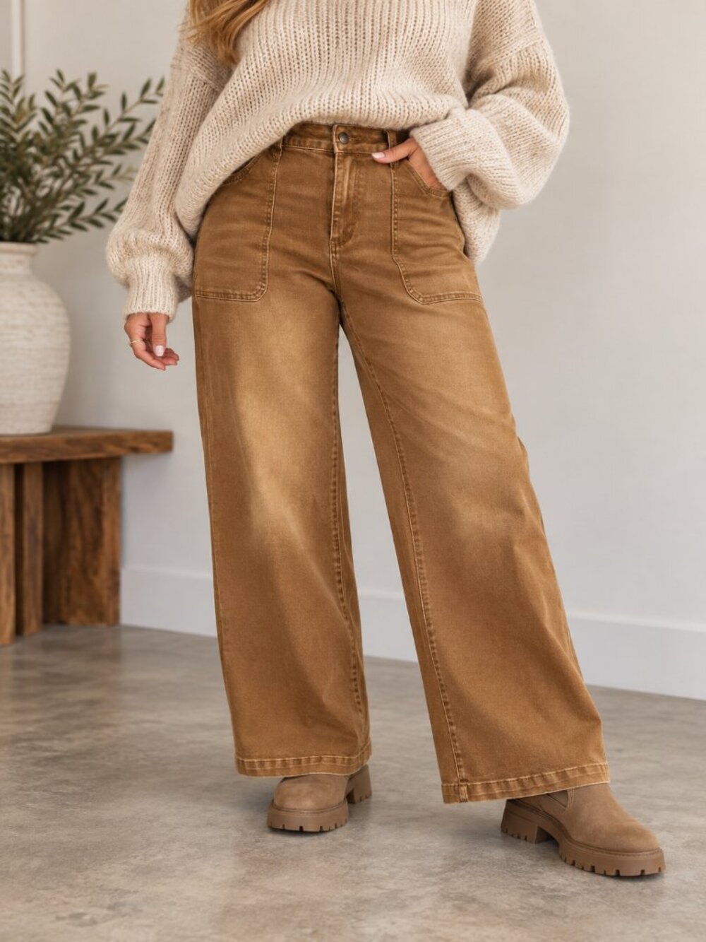 Sidefeel Jeans Womens 14 Brown High Rise Wide Leg Stretch Utility Patch Pocket